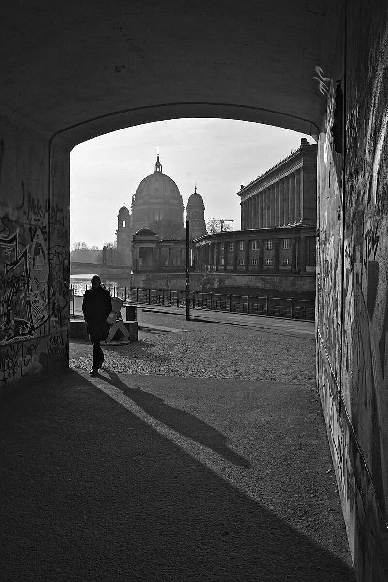 View of the Berliner Dom from an underpassage leading into the James-Simon park along the Spree in Berlin