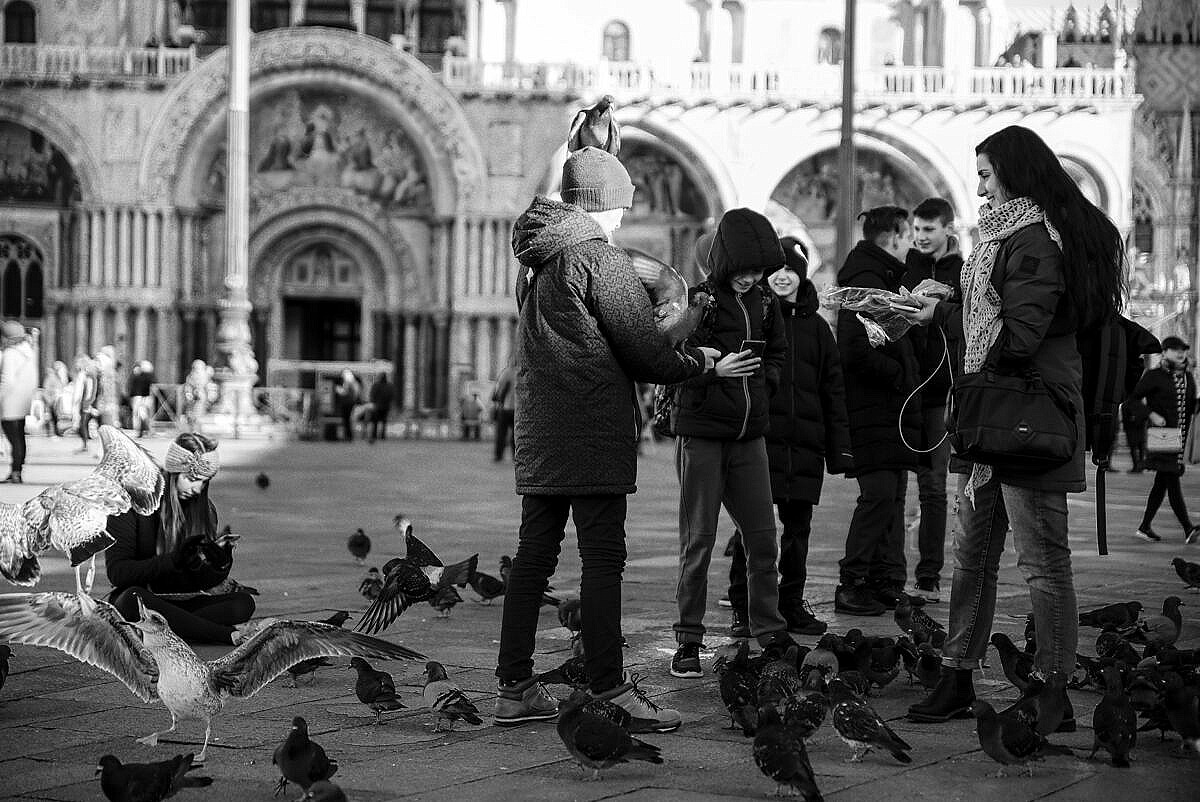 Young people feeding doves in St. Mark's square