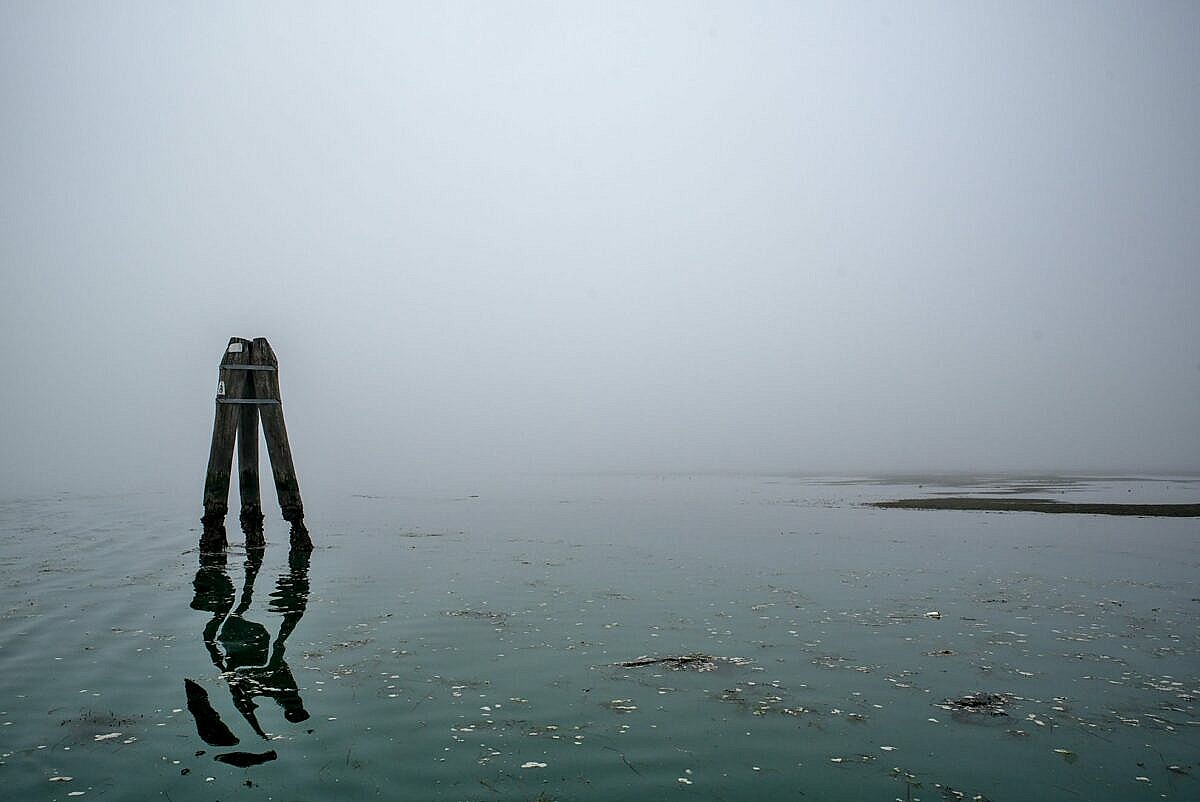 The Venetian lagoon on the fog - briccola with reflection